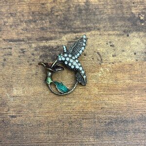 1928 Vintage Rhinestone Hummingbird Brooch with Green Leaf